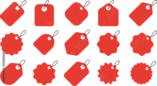 Fifteen various shapes and styles of vivid red price tags stand out against a clean white backdrop, perfect for sales and offers.