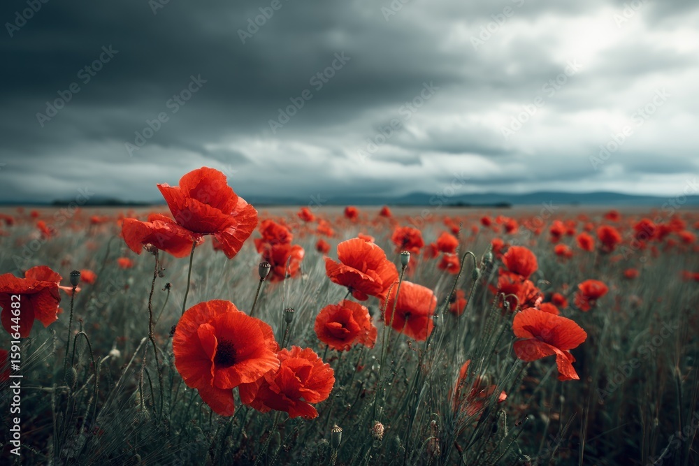 Obraz premium Red poppies in a field under a stormy sky