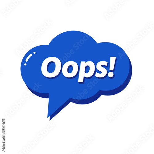 Oops speech bubble with exclamation on white backdrop, a blue message cloud. Oops speech bubble design element includes an apologetic message. Use oops speech bubble in educational content for kids.