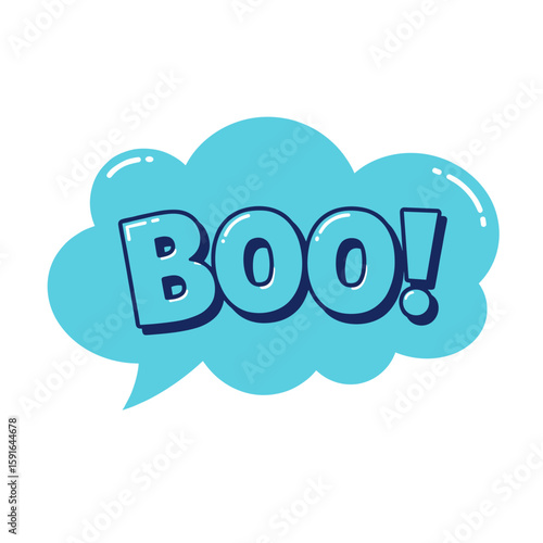 Boo speech bubble with exclamation mark on blue cloudy shape, conveying a sudden shout or surprise. Boo speech bubble shouts loudly with bold sans-serif letters and dark outlines.