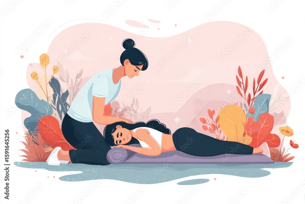 Obraz premium Two women practicing relaxation techniques in a serene outdoor setting surrounded by nature