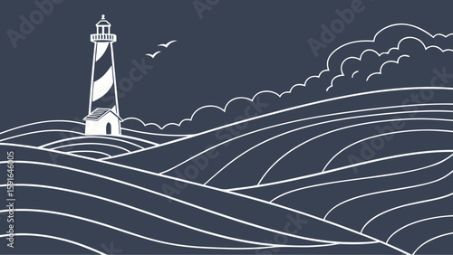 Illustration of a lighthouse against dark waves, with stylized clouds and birds in flight, conveying tranquility.