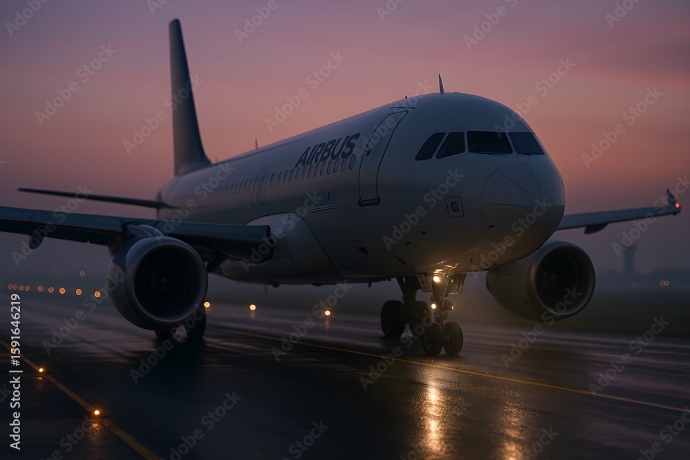 Obraz premium Airplane Ready for Takeoff Awaiting Departure on the Runway at Dawn