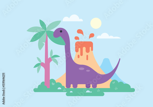 Diplodocus eats leaves from trees. Vector illustration.
