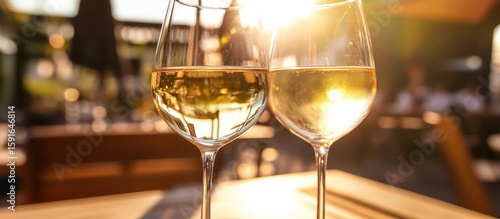 Two glasses of white wine outdoors in sunlight