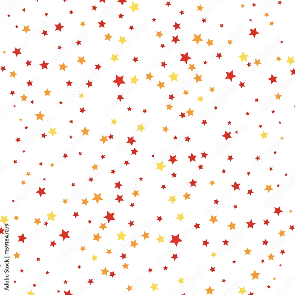 Fototapeta premium Festive star pattern featuring red, yellow and orange stars scattered on a white background creating a celebratory design.