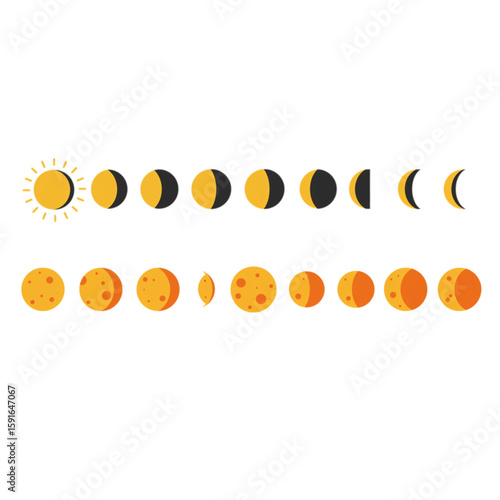 Phases of the moon presented in a graphic style perfect for educational materials or astronomy-themed designs including sun.