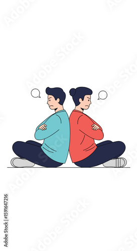 Two people sitting back to back with crossed arms looking angry and upset at each other showing a disagreement or conflict