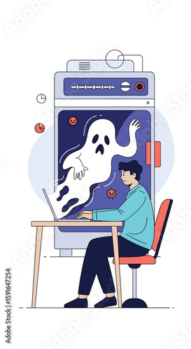 Creative coder battles virtual ghost in pixelated digital realm playing role playing game on desktop computer