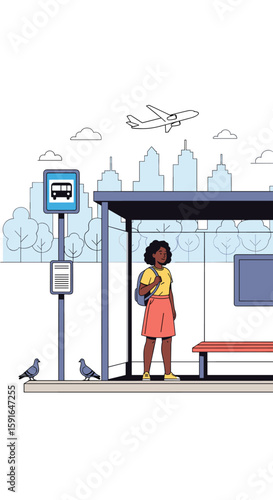 A young woman waits patiently at a city bus stop shelter with pigeons nearby and skyscrapers in the background on a bright day