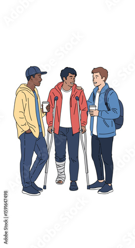 Three young men with injuries friends supporting each other during recovery after accidents or medical conditions discussing their experiences together outdoors