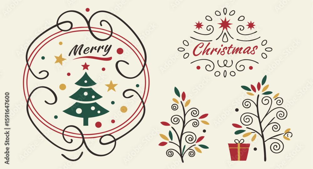 Fototapeta premium Merry Christmas: Festive Vector Icons, Ornate Swirls, Red Green Gold Color Palette, Holiday Design Elements