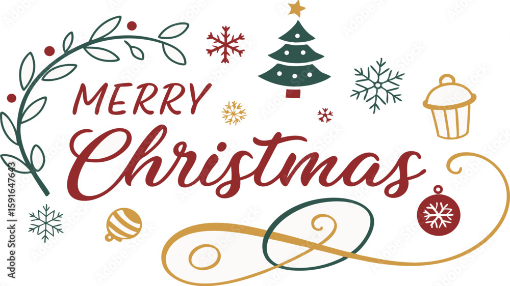 Naklejka premium Merry Christmas Festive Design: Red, Green, Gold Typography with Winter Icons and Flourishes