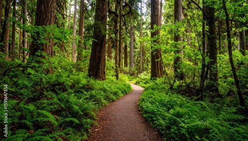 Fototapeta Naklejka Na Ścianę i Meble -  Lush forest path winding through tall trees