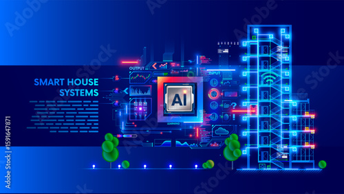Development AI computer systems of smart building. Engineering of building construction, communication, electricity with AI controls. A drawing of a building surrounded by icons of a smart home system