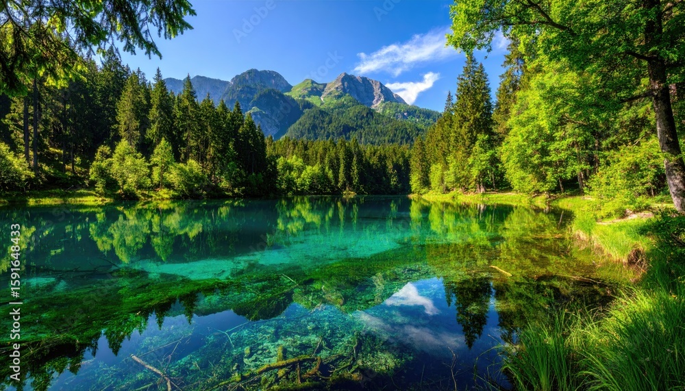 Naklejka premium Serene mountain lake reflecting lush forest