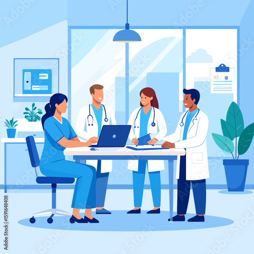 Medical team collaborates, discussing patient charts and using laptop in modern office.