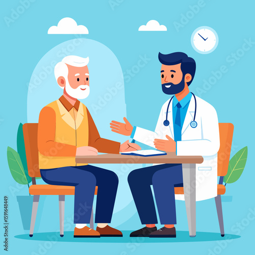 A doctor consults with an elderly patient, discussing health and well-being at a desk.