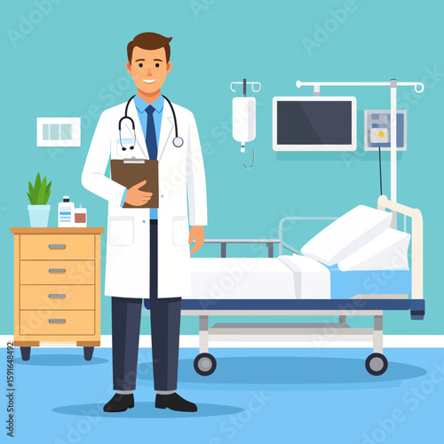 Confident male doctor stands in a hospital room, holding a clipboard, near a patient bed and medical equipment.