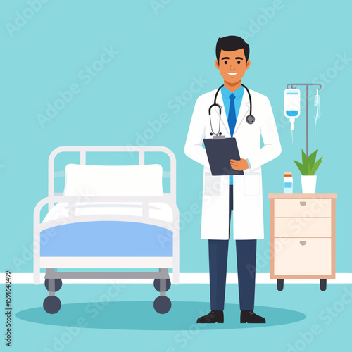 A smiling doctor stands confidently in a hospital room holding a clipboard, near a bed.
