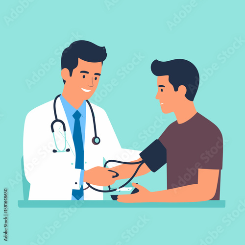 Doctor taking blood pressure of a patient in a medical consultation.