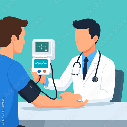 Doctor taking a patient's blood pressure with a medical device.