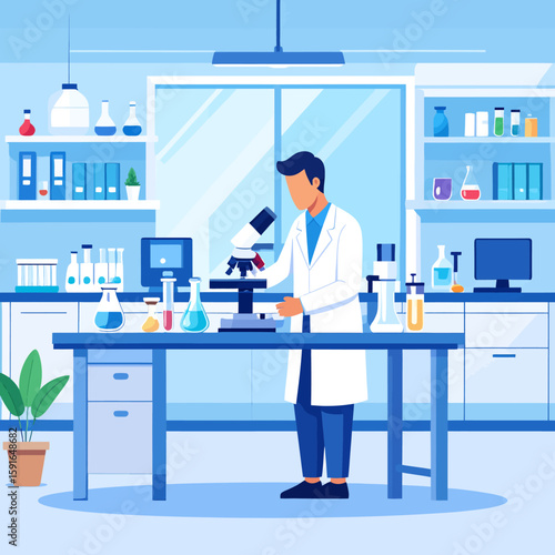 A scientist in a lab coat examines a sample through a microscope, conducting research.