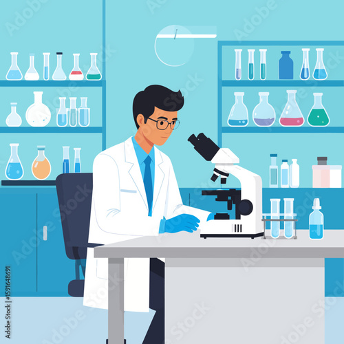 Scientist in a lab coat examines samples under a microscope surrounded by beakers and test tubes in a bright, clean laboratory setting.
