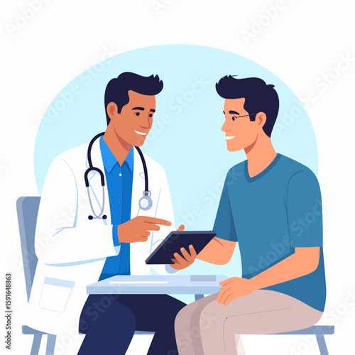 Doctor and patient reviewing medical information together on a tablet during a consultation.