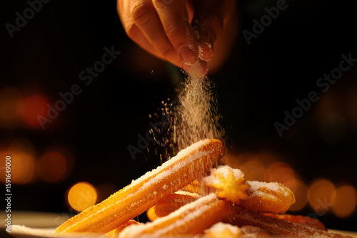 A hand sprinkling powdered sugar on a pile of churros with a dark blurred background and bokeh lights