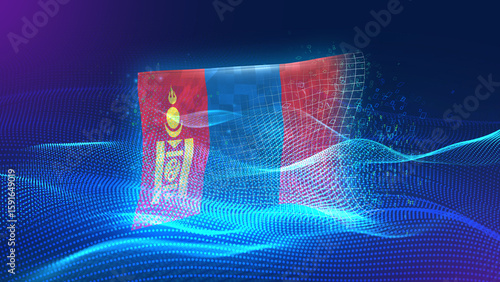 mongolia A futuristic digital background merging with a national flag symbol, representing the concept of technology, innovation, and digital transformation while preserving cultural identity.