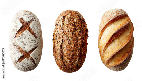 Three artisanal loaves of bread, top-down view