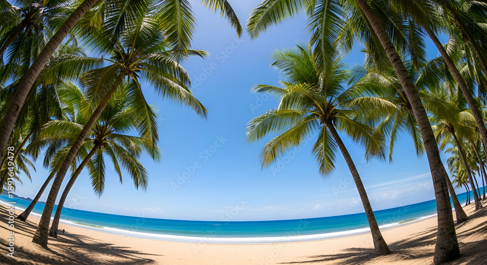 Palm Trees Frame Tropical Beach Scene, Azure Sky, Sandy Shoreline. Palm Trees Frame Tropical Beach Scene, Azure Sky, Sandy Shoreline.