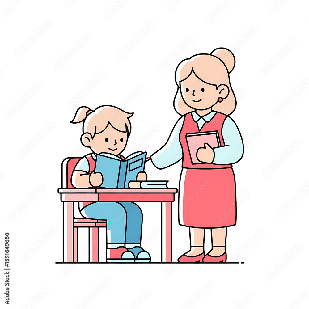 Teacher Helps Young Student Reading Book Teacher Helps Young Student Reading Book