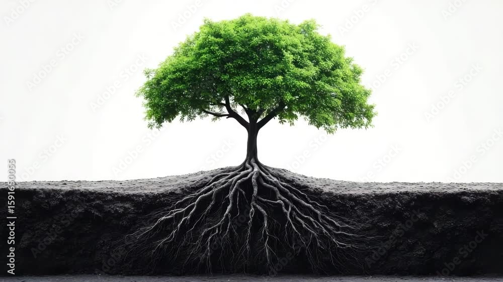 Tree with vibrant green leaves and extensive roots spreading through ...