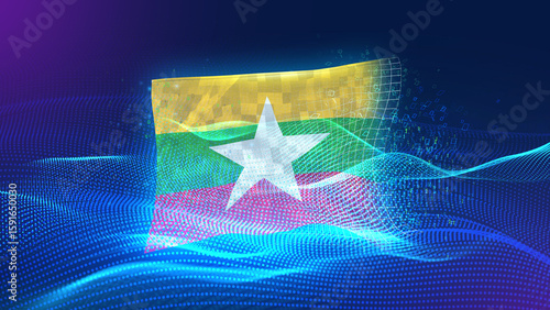 myanmar A futuristic digital background merging with a national flag symbol, representing the concept of technology, innovation, and digital transformation while preserving cultural identity.