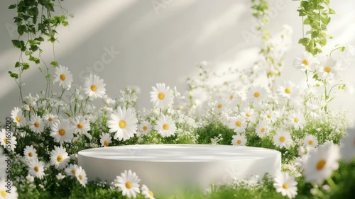 White round podium spring garden with blooming daisy flowers, green grass, ivy, and soft sunlight, creating fresh, peaceful atmosphere for product display and highlighting natural beauty blooming