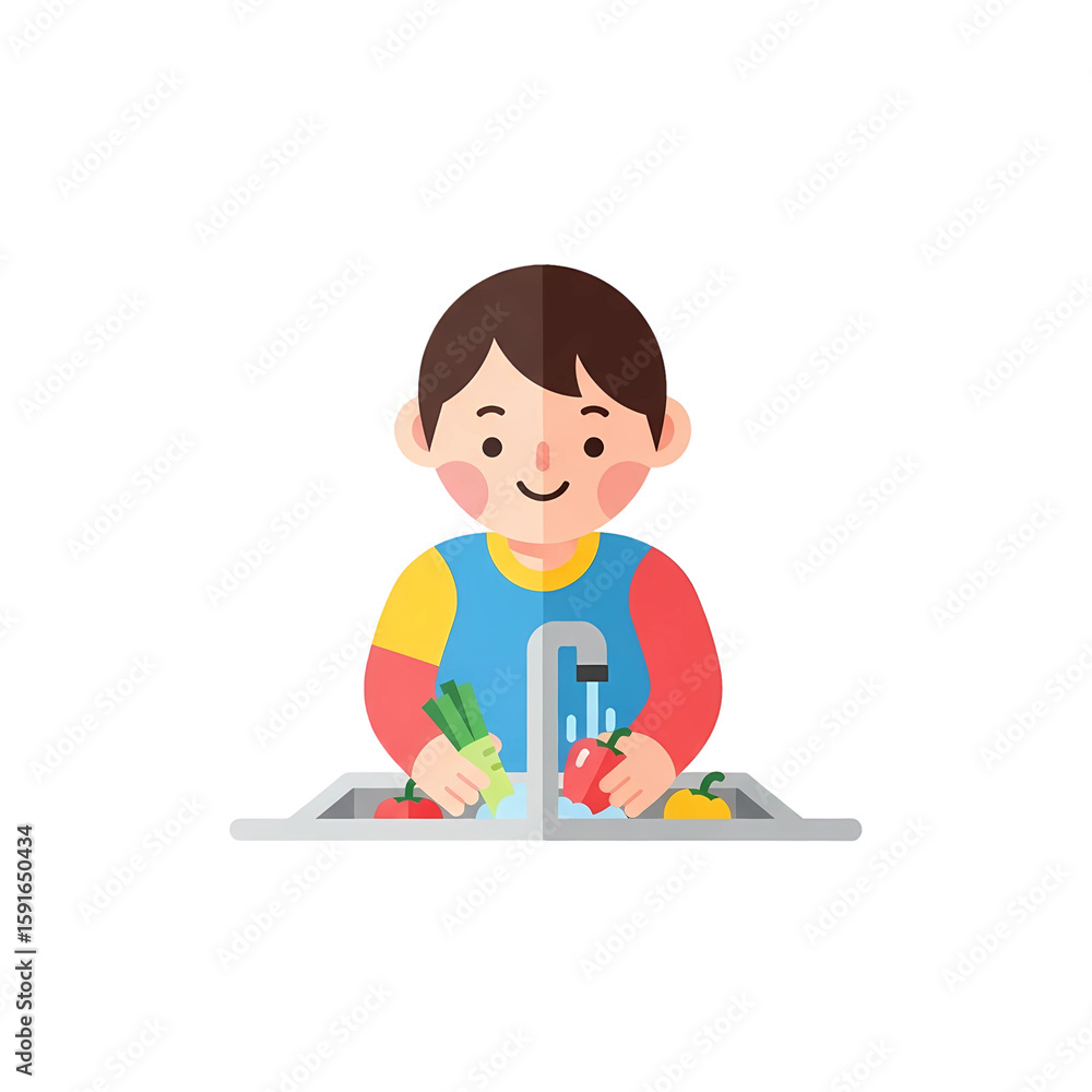 Boy Washing Vegetables in Sink Flat Boy Washing Vegetables in Sink Flat