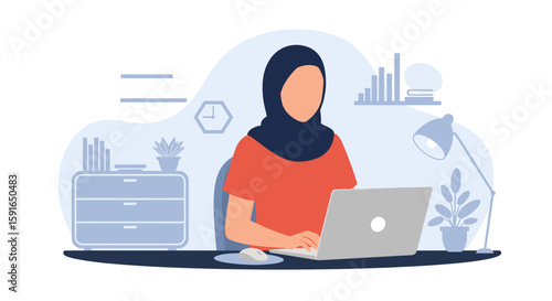 Muslim woman working on laptop, perfect for diversity and inclusion projects, website banners, or blog posts.