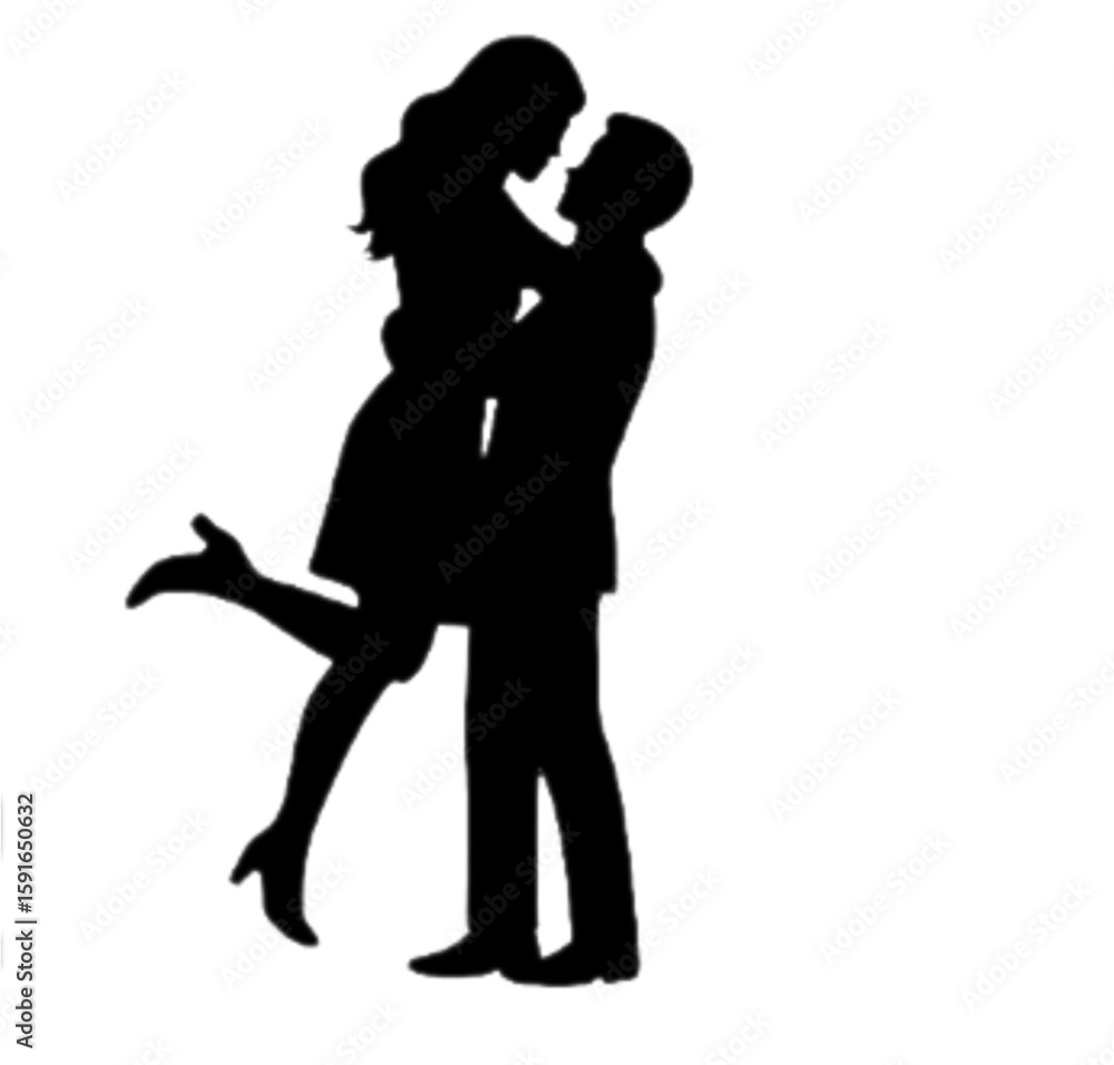 Silhouette of a man holding a woman in his arms with her leg raised in a romantic embrace scene Silhouette of a man holding a woman in his arms with her leg raised in a romantic embrace scene