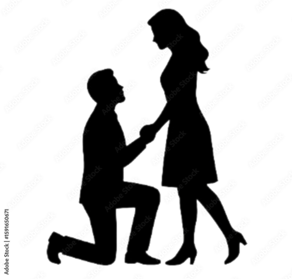 Silhouette of a man proposing to a woman while kneeling and holding her hand in a romantic gesture Silhouette of a man proposing to a woman while kneeling and holding her hand in a romantic gesture