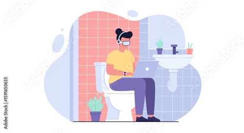 Person working on laptop while wearing VR headset sitting on toilet in bathroom - Illustration for website or blog post.
