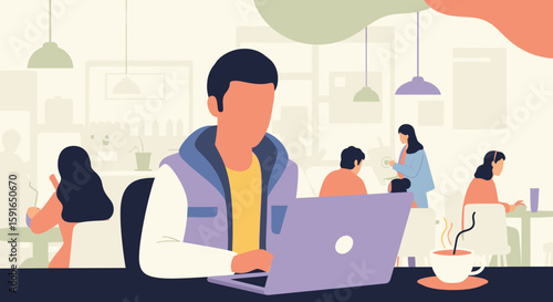 Man working on laptop in a busy cafe, perfect for illustrating remote work, coworking spaces, or freelance lifestyle.