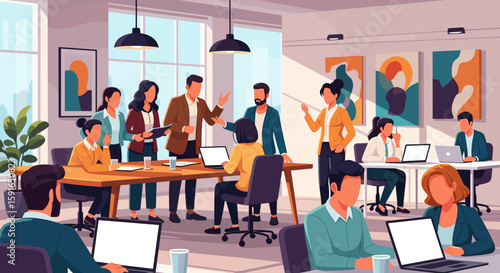 Modern co-working space illustration, perfect for website banners or business brochures.