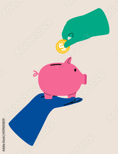 Hands with coin and piggy bank. Colorful vector illustration