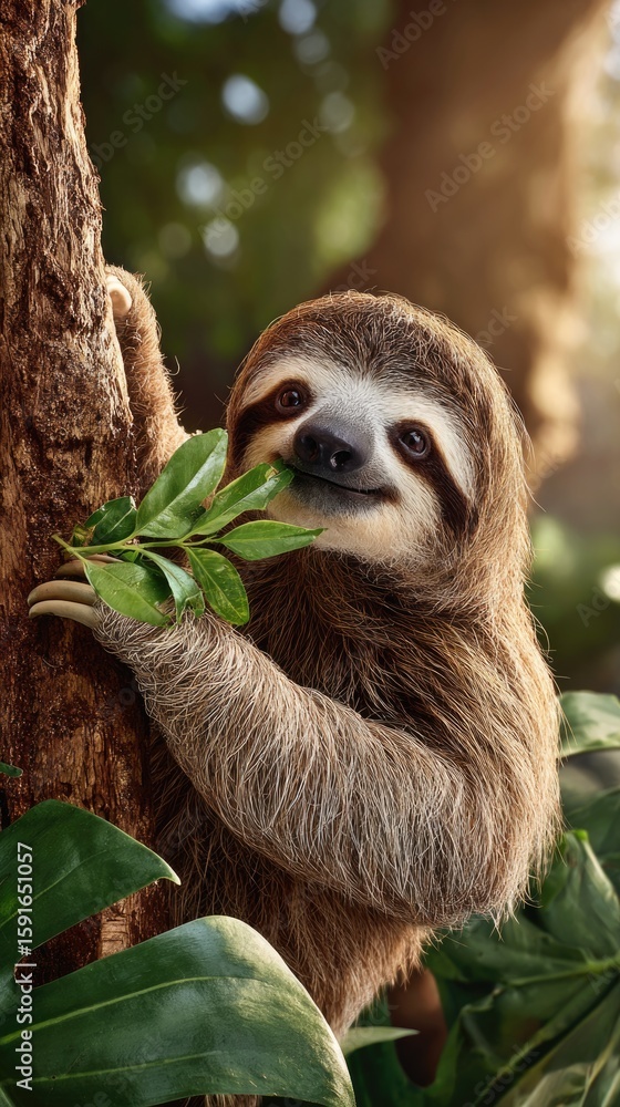 Fototapeta premium A sloth hanging from a tree branch, gently chewing on fresh green leaves