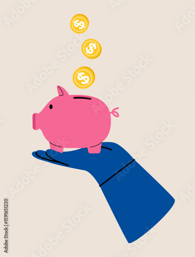 Hand holding piggy bank with coins. Colorful vector illustration