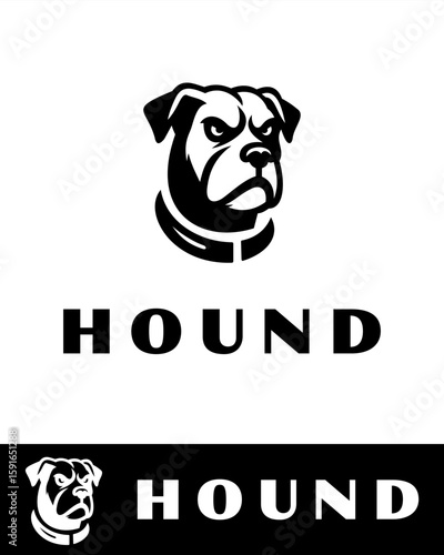 Bold and fierce hound dog logo featuring a stylized muscular canine head with an intense expression in flat and minimalist style 