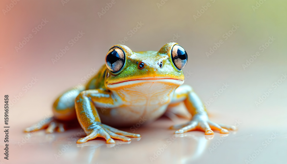 Fototapeta premium Green Frog with Big Eyes Sitting on Surface with Soft Lighting