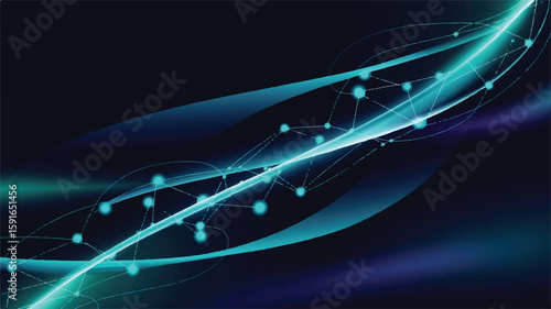 Abstract Teal Blue Network Lines Glowing Circles Dark Background